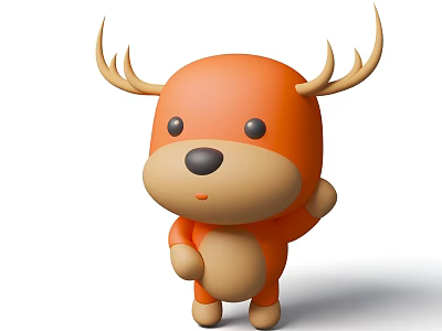 Cute Orange Cartoon Deer Character With Antlers Waving In Standing Pose 3d model