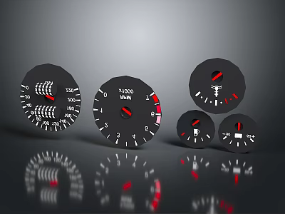 Black Dial Gauges With Red Needles Numerical Scales And Reflection Effects In Multiple Sizes 3d model