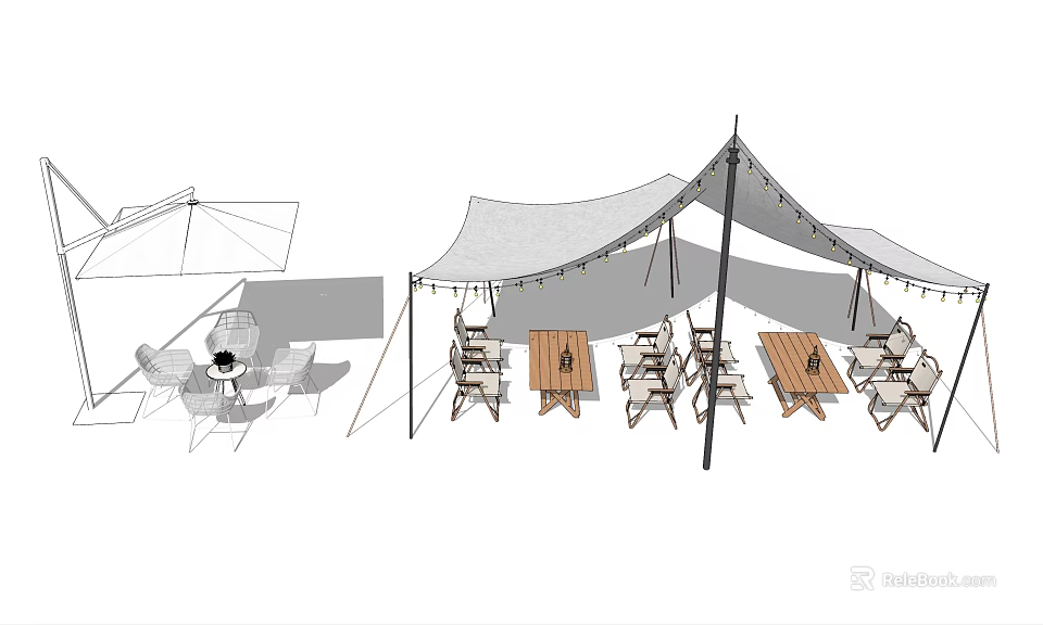 Outdoor Table And Chair Set Under Canvas Tent For Camping Gatherings 3d model 