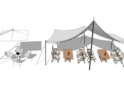 Outdoor Table And Chair Set Under Canvas Tent For Camping Gatherings 3d model