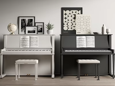 Two White And Black Pianos With Sheet Music Framed Pictures And Geometric Prints 3d model