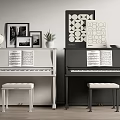 Two White And Black Pianos With Sheet Music Framed Pictures And Geometric Prints