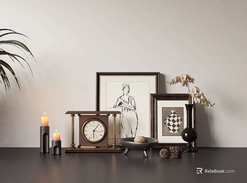 Vintage Decorative Ornament Set With Clock Framed Art Candles And Vase 3d model 