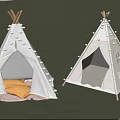 Outdoor White Tepee Tents With Decorative Tassels On Green Grass Field And Yellow Cushion