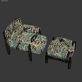 Tea Break Area Furniture Featuring Blue and White Leaf Pattern Chair and Footstool