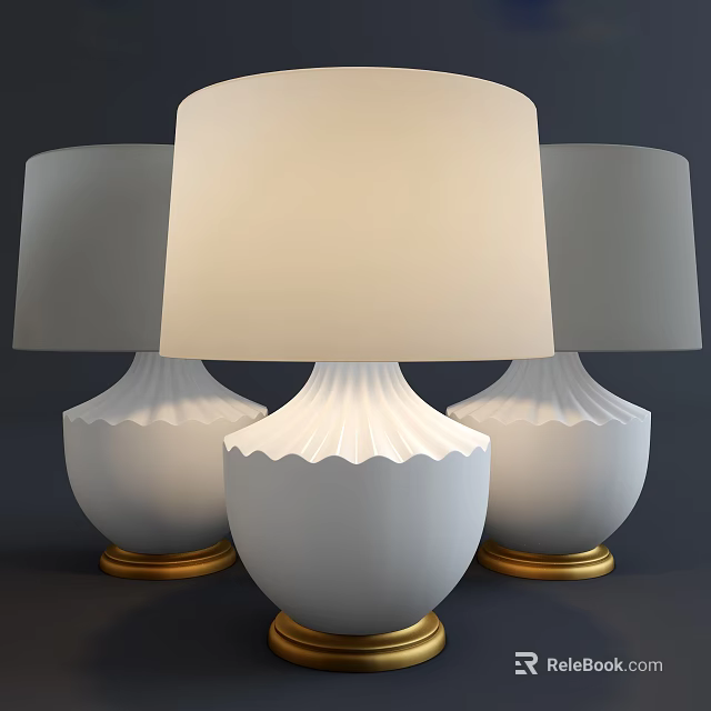 White Pleated Table Lamps with Gray Shades and Gold Bases for Home Decor 3d model 