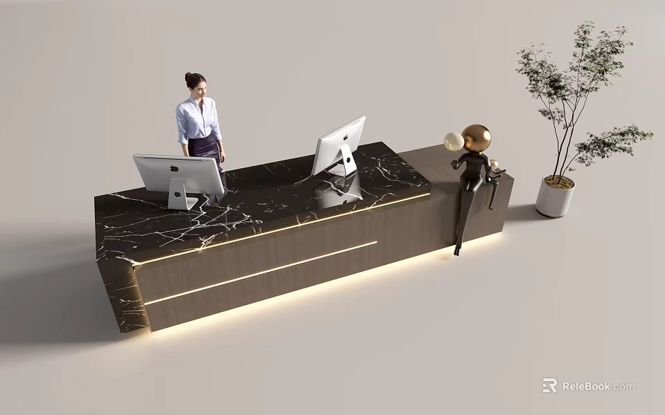 Modern Front Desk Reception With Receptionist Marble Desk Computers Decorative Sculpture And Potted Plant 3d model 