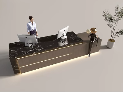 Modern Front Desk Reception With Receptionist Marble Desk Computers Decorative Sculpture And Potted Plant 3d model