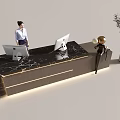 Modern Front Desk Reception With Receptionist Marble Desk Computers Decorative Sculpture And Potted Plant