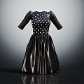 Black Dress With White Polka Dots Three Quarter Sleeves Flare Skirt Shiny Fabric Design