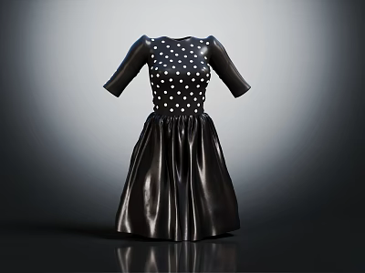 Black Dress With White Polka Dots Three Quarter Sleeves Flare Skirt Shiny Fabric Design 3d model
