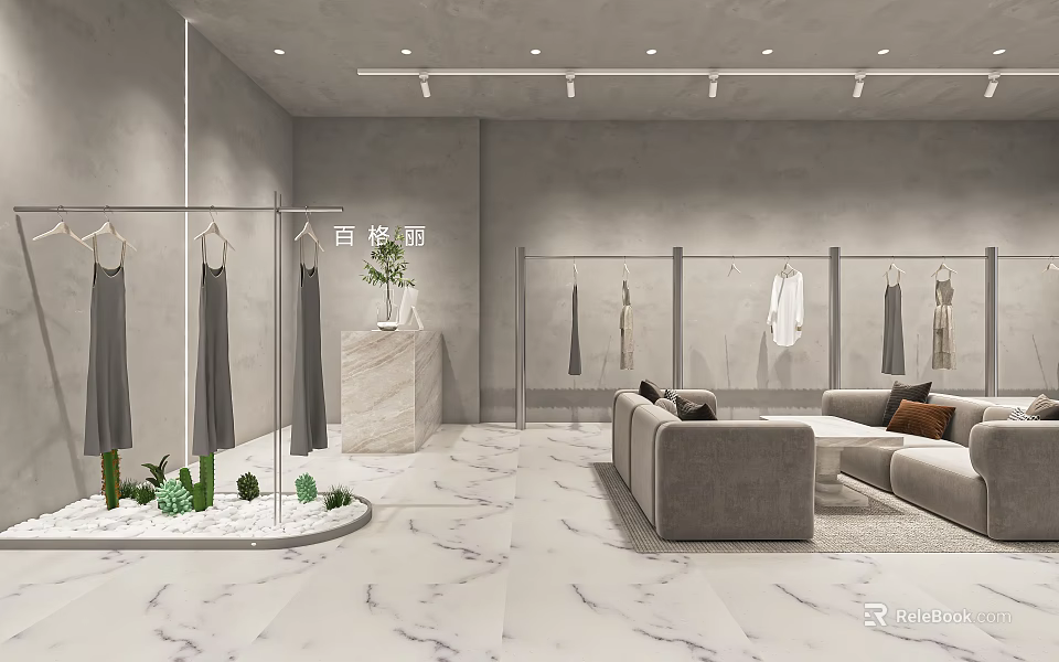 Modern Clothing Store Interior With Gray Walls Marble Flooring Hanging Clothes And Sofa Green Plants 3d model 
