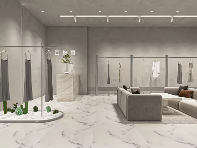 Modern Clothing Store Interior With Gray Walls Marble Flooring Hanging Clothes And Sofa Green Plants 3d model