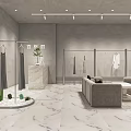Modern Clothing Store Interior With Gray Walls Marble Flooring Hanging Clothes And Sofa Green Plants