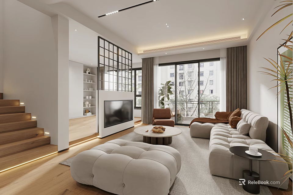 Modern Living Dining Room Interior With Couch Coffee Table And Wooden Floors 3d model 