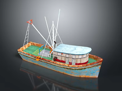 Wooden Boat With Blue Hull Rusted Edges Green Deck Cabin And White Masts 3d model