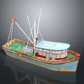 Wooden Boat With Blue Hull Rusted Edges Green Deck Cabin And White Masts