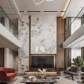 Modern Living and Dining Area With Double Height Space Large Art Painting Sofa And Chandelier