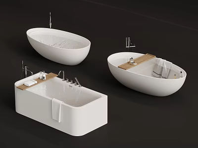 Modern Bathroom Bathtubs With Oval Rectangular Shapes Wooden Shelf And Faucets 3d model