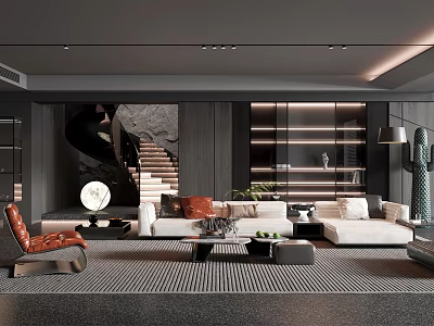 Modern Black Living Room Interior With Spiral Staircase Bookshelves And Sofa 3d model