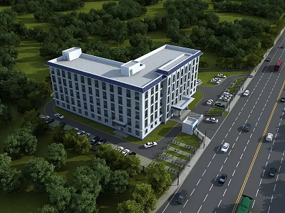 Modern Office Building Surrounded By Lush Green Trees With Parking Lot And Road 3d model