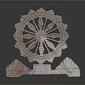 Intricate Stone Wheel Sculpture With Mountain Shaped Base And Detailed Patterns