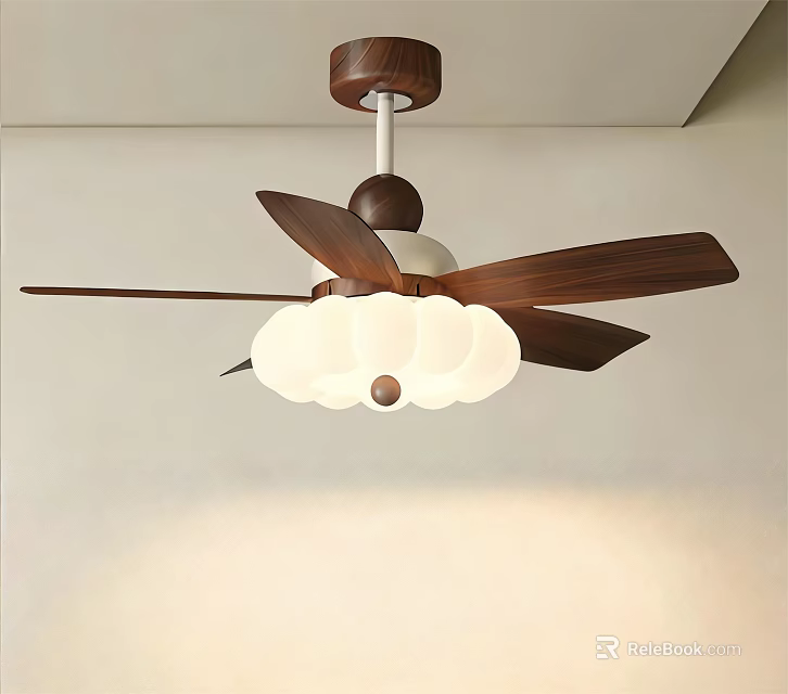 Modern Ceiling Fan Chandelier With Wooden Blades And White Lampshade 3d model 