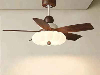 Modern Ceiling Fan Chandelier With Wooden Blades And White Lampshade 3d model