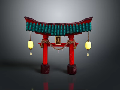 Traditional Japanese Torii Gate Structure With Green Roof Red Pillars And Lanterns 3d model