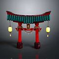 Traditional Japanese Torii Gate Structure With Green Roof Red Pillars And Lanterns