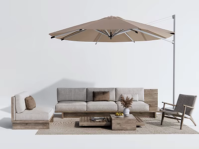 Modern Outdoor Sofa Set With Beige Umbrella Wooden Frame Coffee Table And Chair 3d model