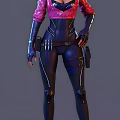 Stylish Game Character With Purple Hair Pink Leather Jacket Black Bodysuit Gloves And Utility Belt