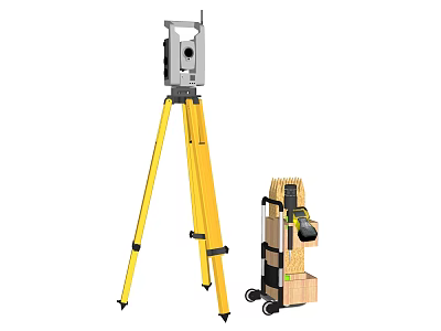 Professional Industrial Measuring Equipment with Yellow Tripod and Wheeled Tool Cart 3d model