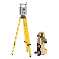 Professional Industrial Measuring Equipment with Yellow Tripod and Wheeled Tool Cart