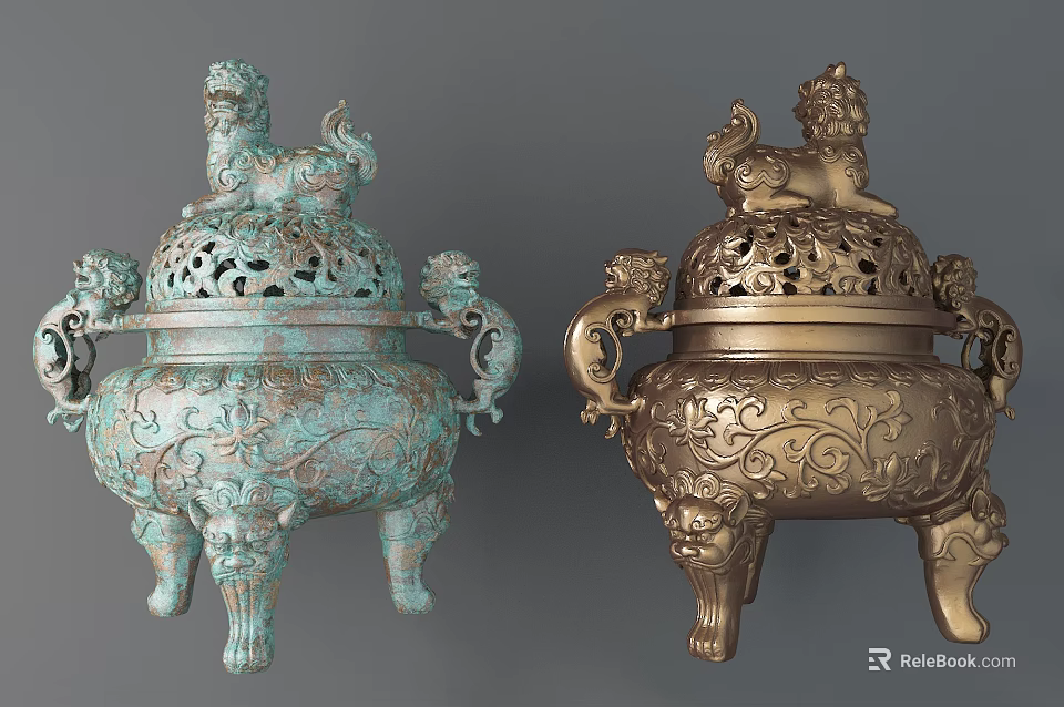 Traditional Bronze Incense Burners With Lion Sculptures And Intricate Openwork Patterns 3d model 
