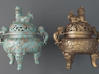 Traditional Bronze Incense Burners With Lion Sculptures And Intricate Openwork Patterns 3d model