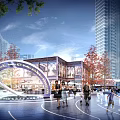 Modern Urban Commercial Landscape With Open Square Pedestrians Trees Glass Buildings And Lighting Installations