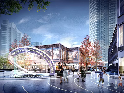 Modern Urban Commercial Landscape With Open Square Pedestrians Trees Glass Buildings And Lighting Installations 3d model