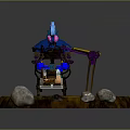 Wooden Stone Cart with Blue Canopy Purple Items and Decorative Wheels on Round Base