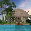Rustic Thatched Roof Homestay Building with Warm Lighting Surrounded by Greenery and Water at Night