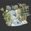 Paper Craft Cartoon Scene With Waterfall Stream Rocks Trees And Small Animals