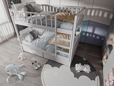 Wooden Bunk Bed in Kids Room Interior with Stuffed Toys and Round Play Rug 3d model