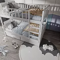 Wooden Bunk Bed in Kids Room Interior with Stuffed Toys and Round Play Rug