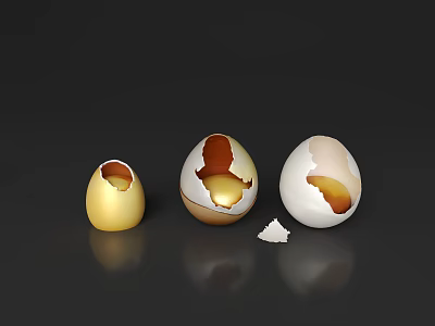 Golden Empty and Broken Egg Shells Showing Yolk on Dark Background 3d model