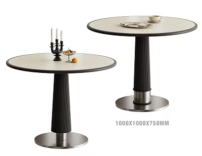 Round Dining Table Set with Black Textured Legs Silver Base and Tabletop Candle Holder Fruits 3d model
