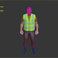 Man in High Visibility Yellow Vest Green T-shirt Blue Jeans Red Boots Gray Background