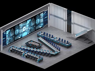 Modern Control Room with Large Digital Screens Control Desks and Ergonomic Seats 3d model