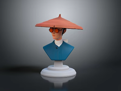 Character Bust Wearing Red Wide Brimmed Hat And Blue Shirt On White Base 3d model