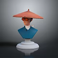 Character Bust Wearing Red Wide Brimmed Hat And Blue Shirt On White Base