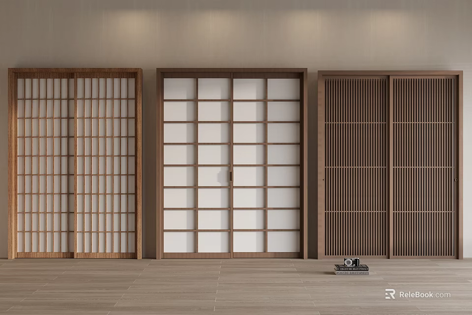 Stylish Sliding Doors with Wooden Frames Grid Patterns and Striped Panels for Interior Design 3d model